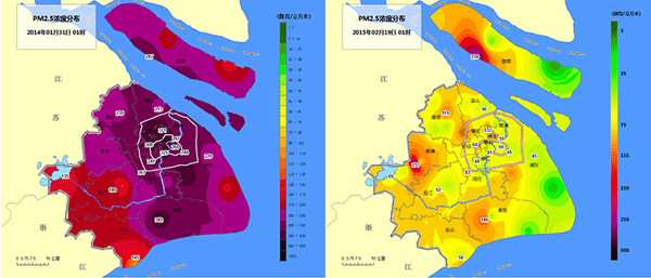 2014年初一和初五凌晨PM2.5分布图