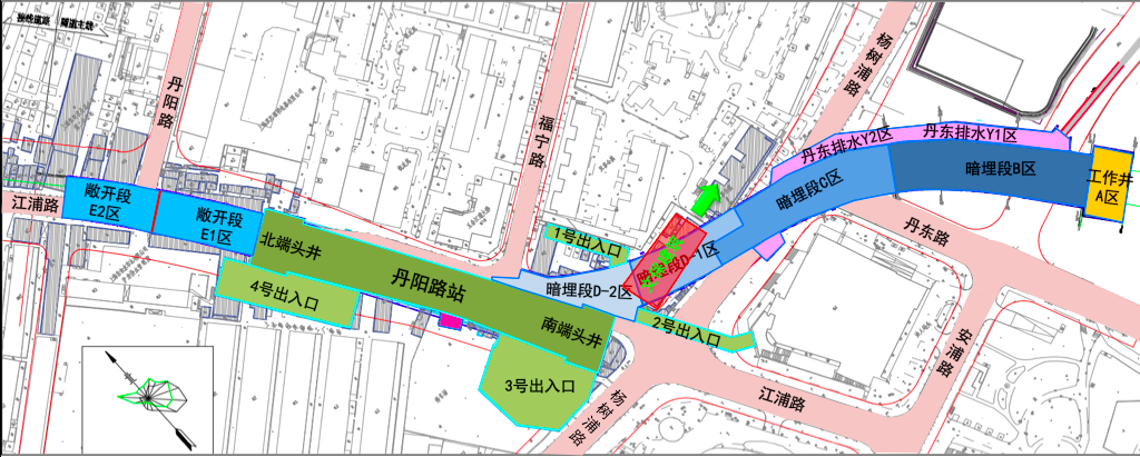 位于杨树浦路,江浦路交界地带,在它西侧,地铁18号线丹阳路站正在施工