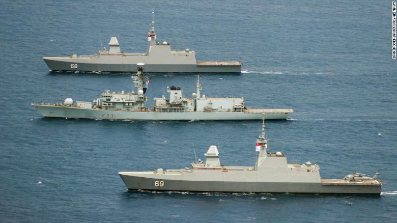 The British frigate HMS Argyll (center) in October takes part in Exercise Bersama Lima 2018, which also included vessels from the Malaysian, Singapore, Australian and New Zealand navies.