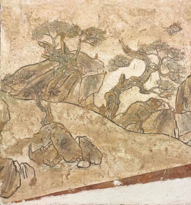 1995年富平县宫里镇节愍太子墓出土的“岩树图壁画”。 （ 陕西省考古研究院藏）.jpg