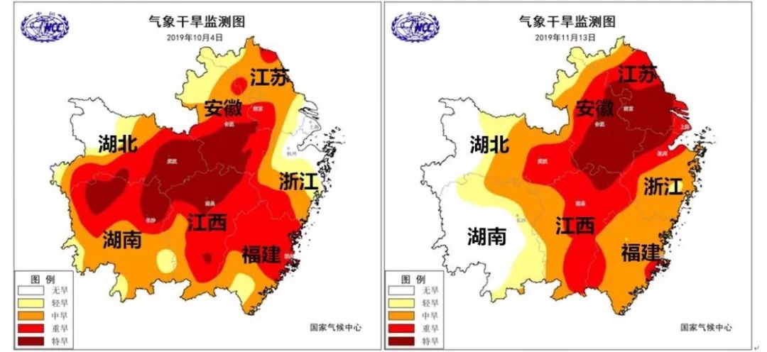图4 2019年10月4日(左)及11月13日(右)鄂湘赣苏皖浙闽七省气象干旱监测