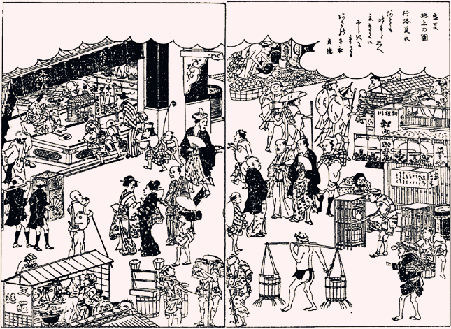 第6页插图：盛夏街景图中绘有天妇罗等食物的街头贩卖景象（出自《东都岁事记》）.png
