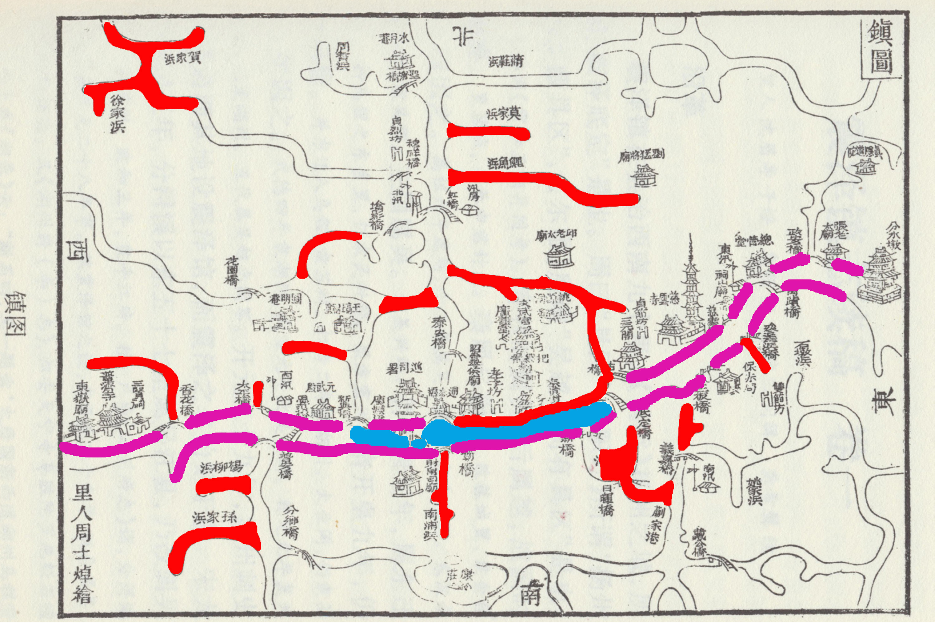 震泽镇水系历史演变图，红色为被填埋河道，蓝色为被占用缩窄河道.jpg