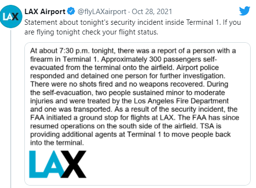 洛杉矶机场传有枪手出现 300乘客“自行疏散”到停机坪_图1-1