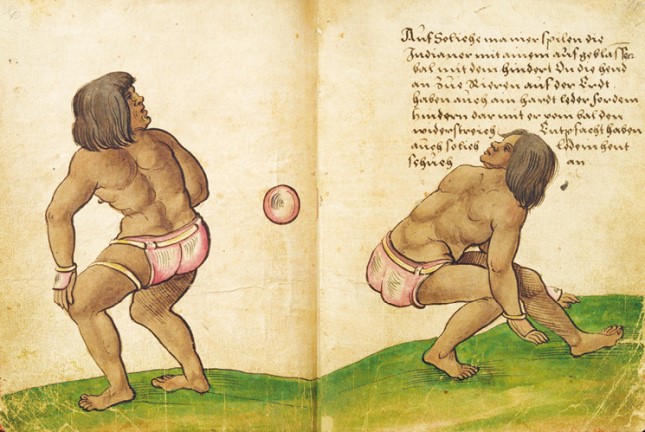在这幅图中，印第安人正在用他们的背部使球弹起到空中，不让其落到地面。在接球时，他们还身着短裤和手套等护具，以防受伤。魏迪茨，1529年.jpg