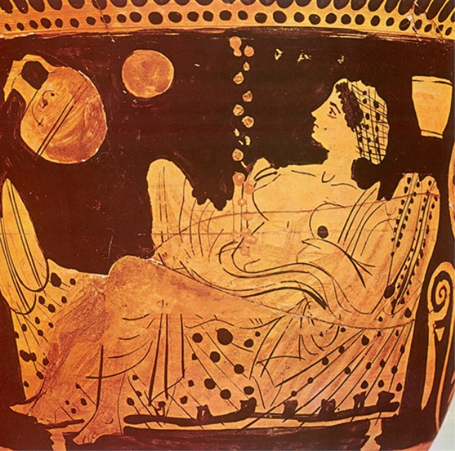 一尊公元前5世纪希腊陶制双耳罐上的派对女郎。.jpg