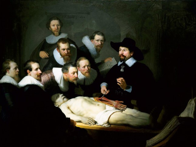 画家伦勃朗1632年的画作《尼古拉·特尔普教授的解剖课》。画中的这些解剖者都是阿姆斯特丹外科医生协会的会员。这些富有的协会会员，购买了画中正在被解剖的阿里斯·金特的尸体。这个倒霉的阿里斯·金特因为偷了一件外套而被处死.jpg