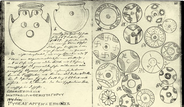 谢里曼留下了大量发掘日记，最早可回溯至1873年4月14日，那是他开始发掘特洛伊的日子。根据他的记载，那一天他雇佣了157名工人；工人们发现了几个形状像猫头鹰小罐子；他由此联想到曾是特洛伊守护神的雅典娜.jpg